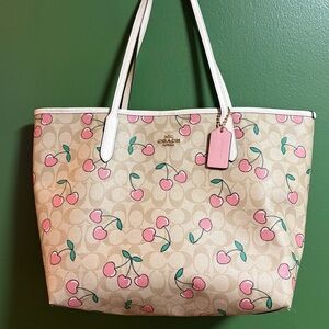 Coach Beige Tote with Pink Cherry Design